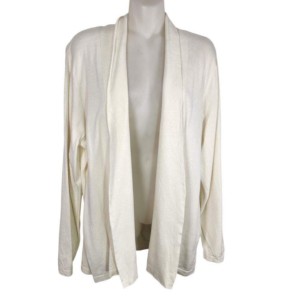 Susan Graver Womens Open Front Cardigan Sweater Ruched Sleeves Size Large Ivory